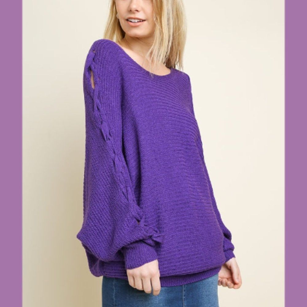 New UMGEE Medium purple grape pullover sweater dolman lace up long puffed sleeve